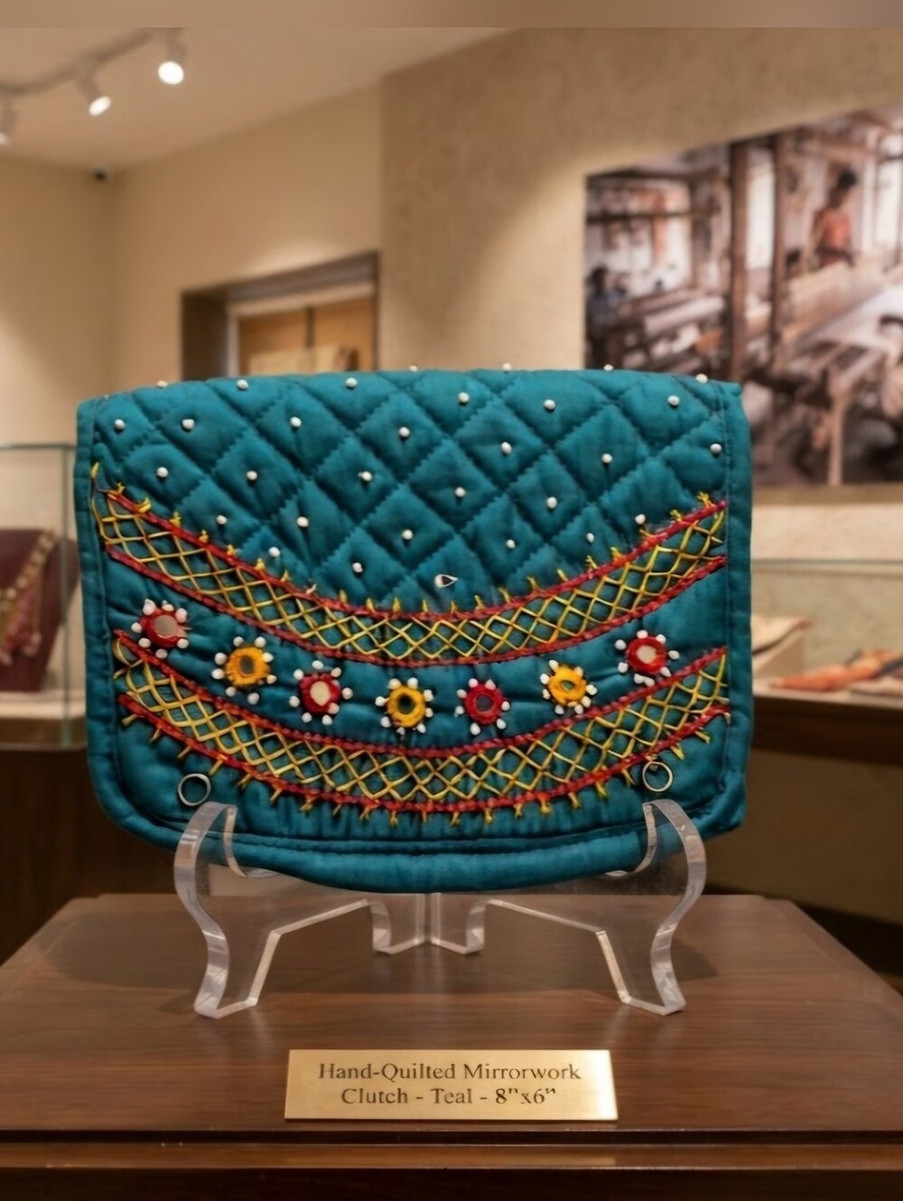 RFID Blocking Green Cotton Embroidered Mini Mirrored Wallet,Banjara 8"×6"